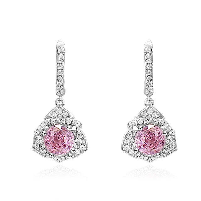 Luxury Pink Rose Cut Earrings 925 Sterling Silver Gold Plated 5a Cubic Zircon Romantic Flower Drop Earrings
