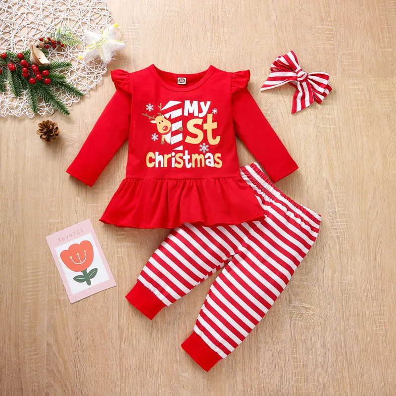 New RTS Cute Autumn Clothing Red Winter deer Cotton 2pcs Kids Long sleeve Baby Girls Christmas Shirt tops sweater Pants Sets