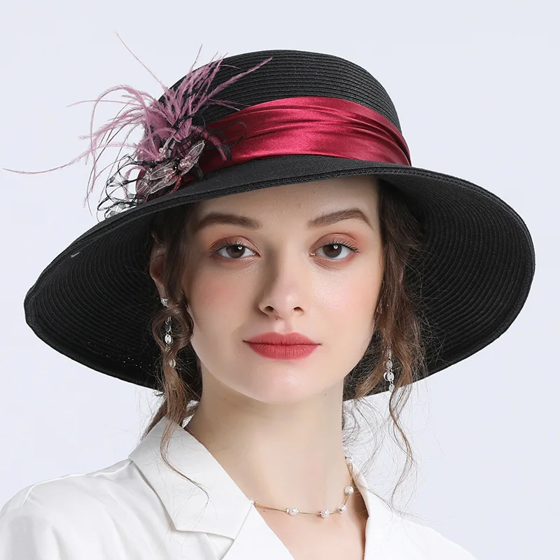 Wholesale Ladies Women Party Wedding For Elegant Feather Large Flower  wide brim Fascinator Sinamay Church Hat