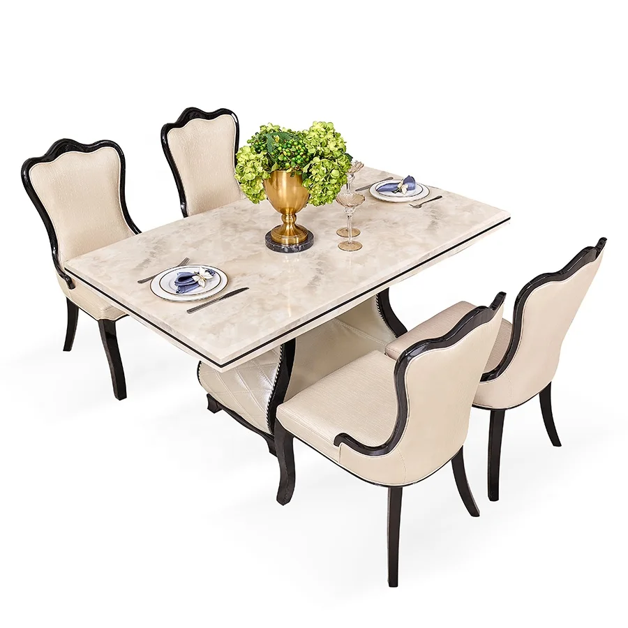 home luxury dinning table 4chairs indoor wooden frame square marble top dining woody table