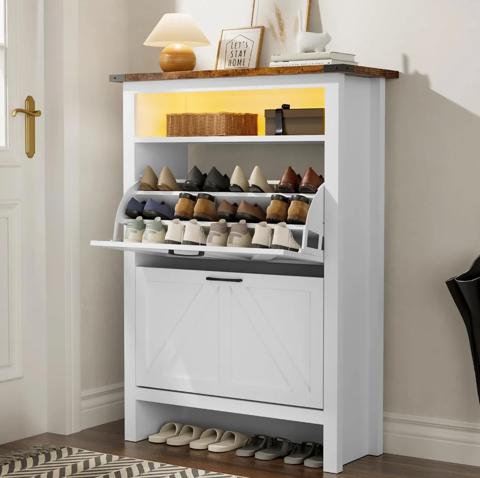 Shoe Cabinet with 2 Flip Drawers & Open Storage Space Entryway Shoe Storage Cabinet with LED Light Shoe Organizer for Entryway