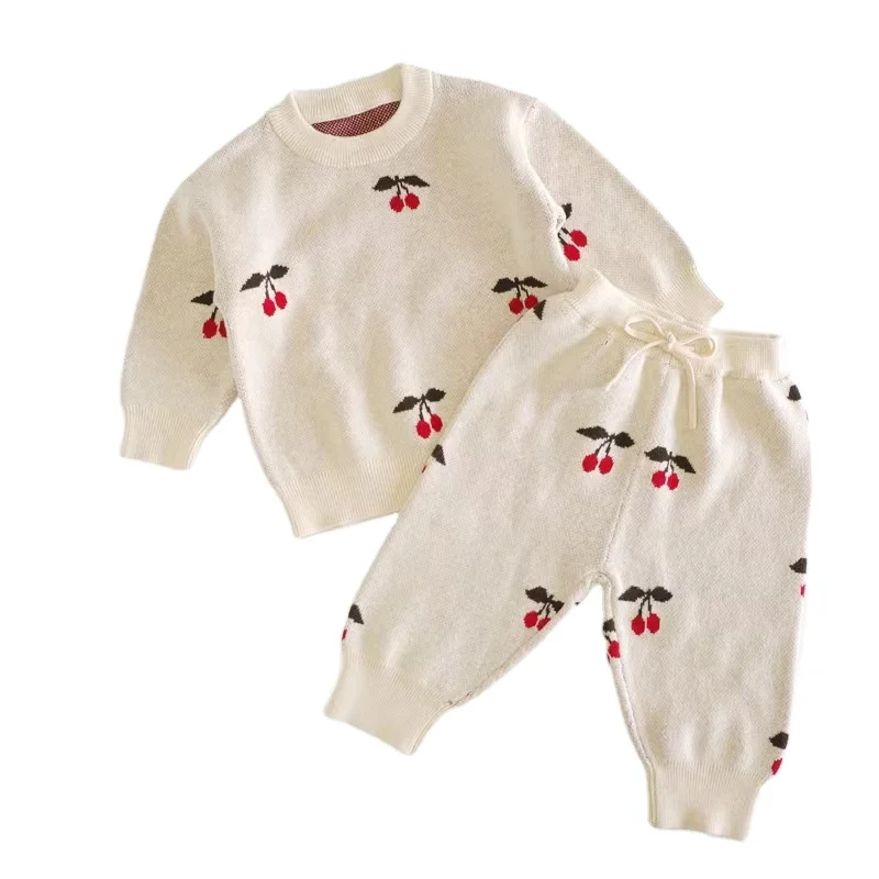 INS Designer Knitted Sweaters Suits Kids Girls Pullover Cartoon Rabbit Cherry Embroidery 100% Cotton Children Knit Pants