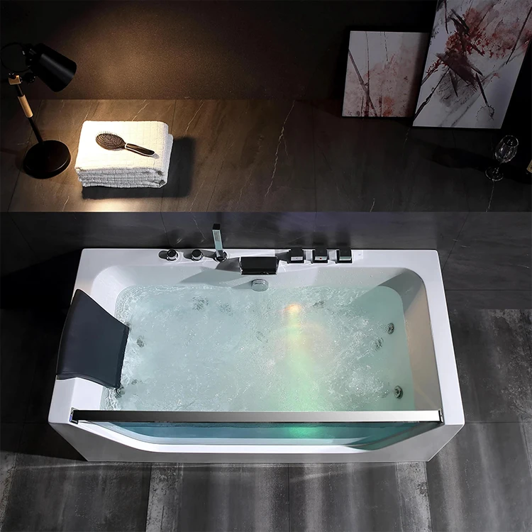 Hot Selling White Whirlpool Acrylic Bathtub Spa Hydro Massage adult for 1 Person with Pillow Three Sided Art Skirt Bathroom Tub