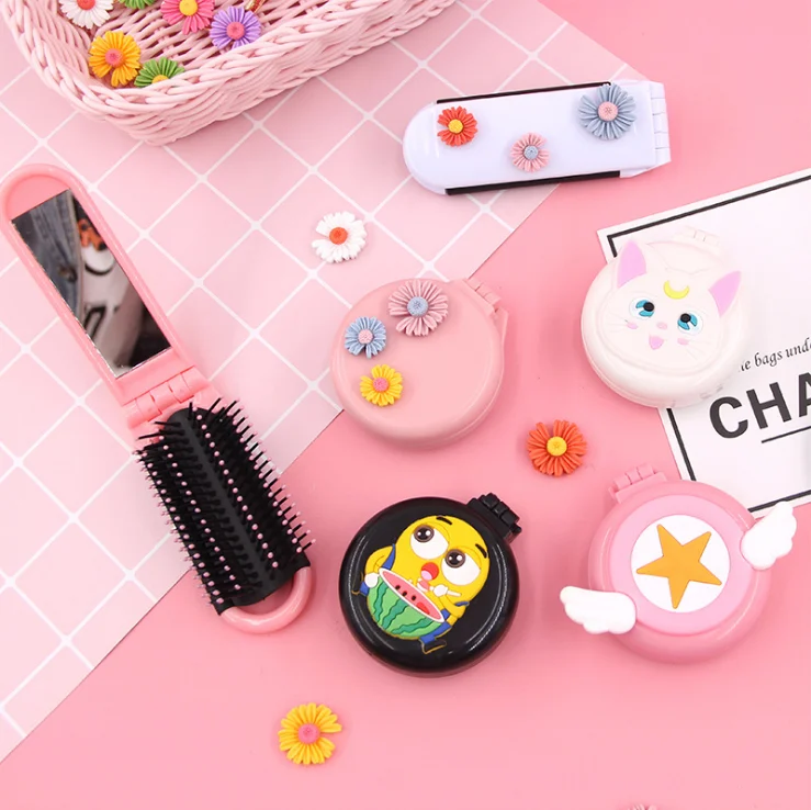 Korea style cute hair comb with mirror cartoon massage brush scalp foldable hairbrush small portable
