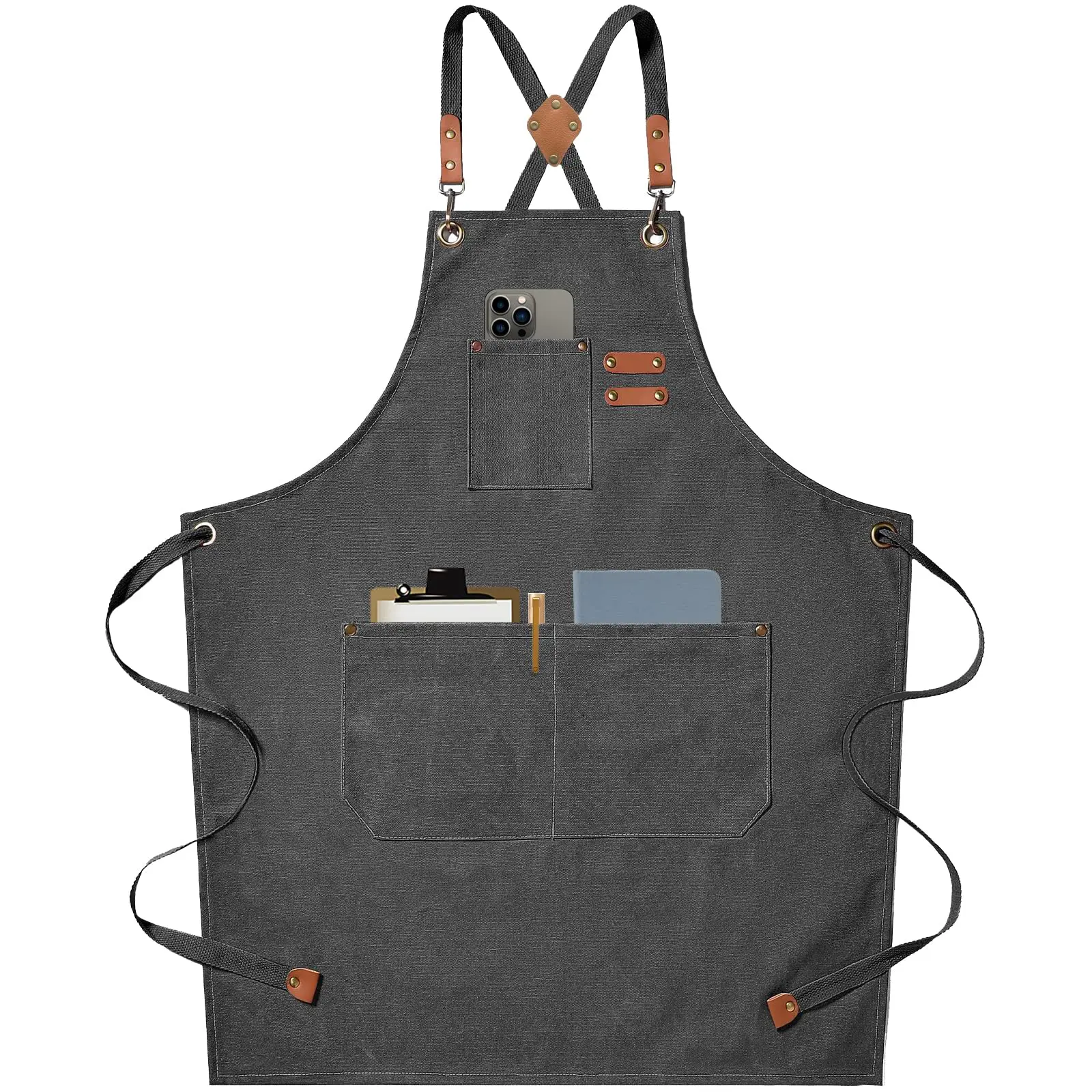 Custom Logo Chef Aprons for Men Women with Large Pockets Cotton Canvas Cross Back Heavy Duty Adjustable Work Apron