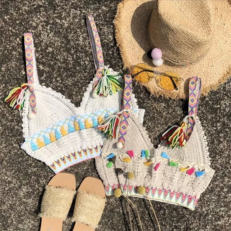 seamless top 2 pc brazilian a la main sexi knitting with shells cover up black lingerie girl crochet micro bikini