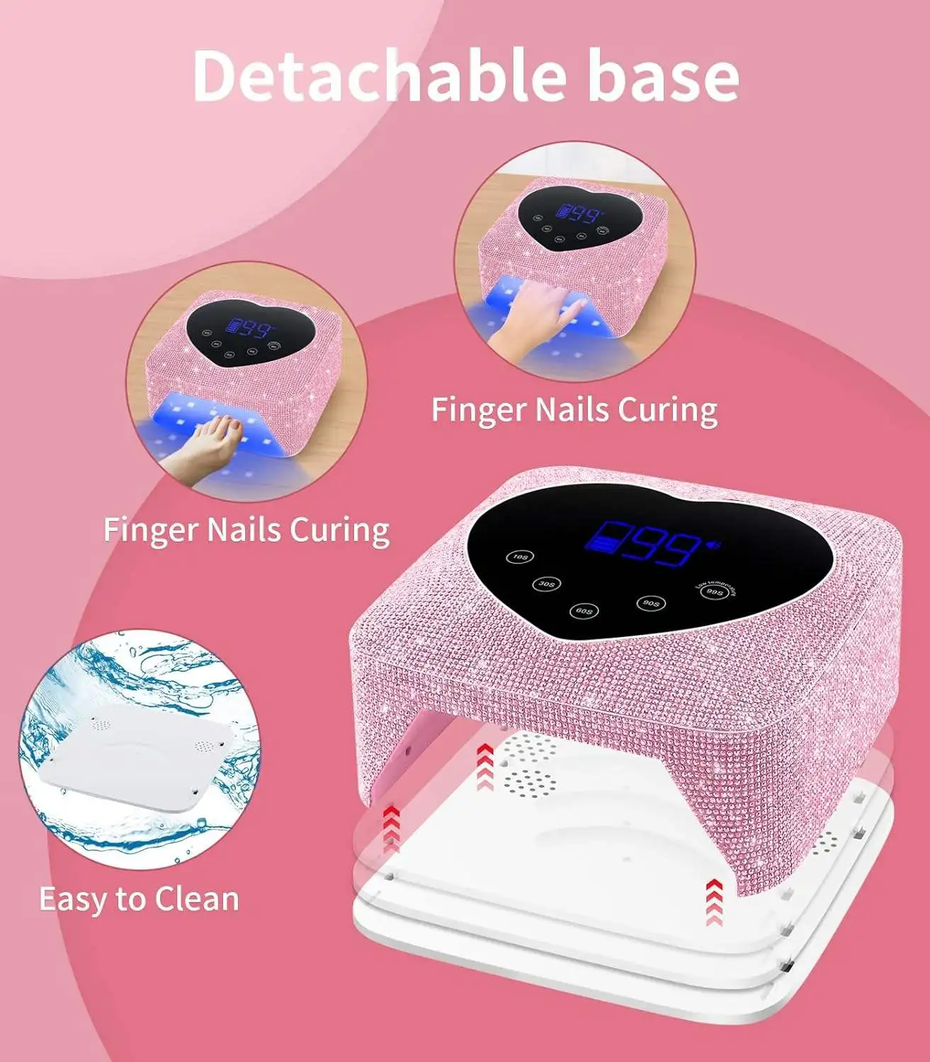 Rechargeable UV Nail Lamp Fast Nails Dryer Curing Lamp for Salon & Home Pink Heart Shape Diamond Gel Nail Polish UV Light