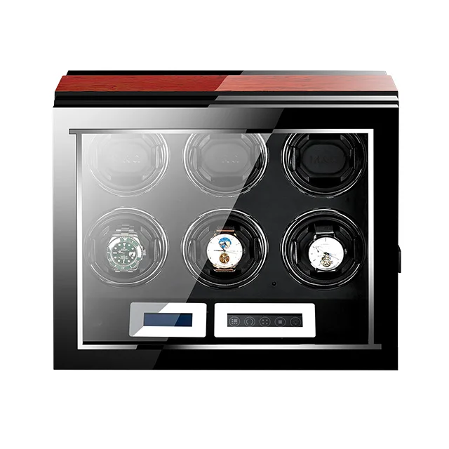 мотальная машина батарея 6 Вертикальный кожаный Безопасный черный и коричневый цвета роскошные часы намотки с синим светодиодным