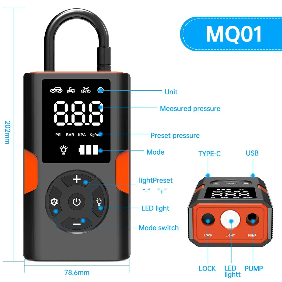 150PSI Portable inflator Intelligent tire inflator DC 5V motorcycle tire inflator