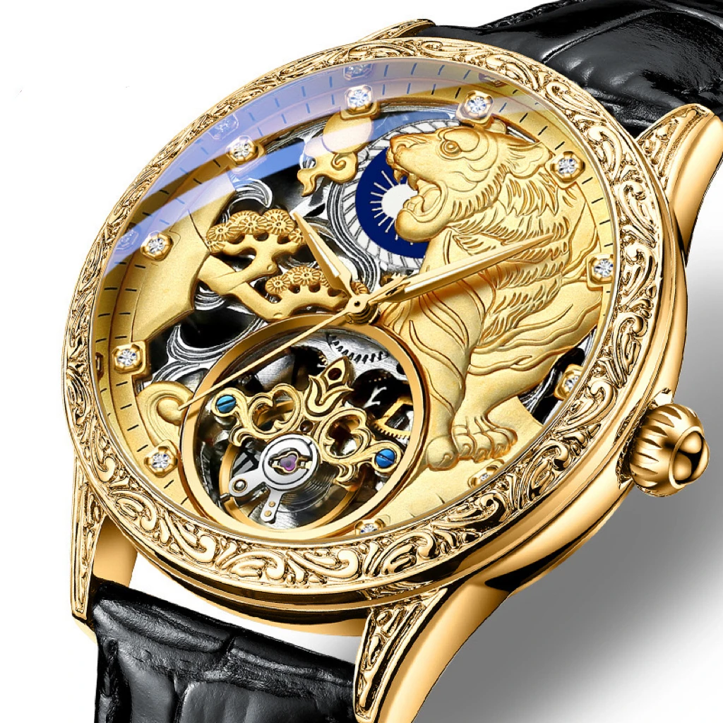 Classical Engraved Case And Bezel Cow Leather Strap 3D Gold  Animal Pattern Flywheel Skeleton Automatic Watch Winder