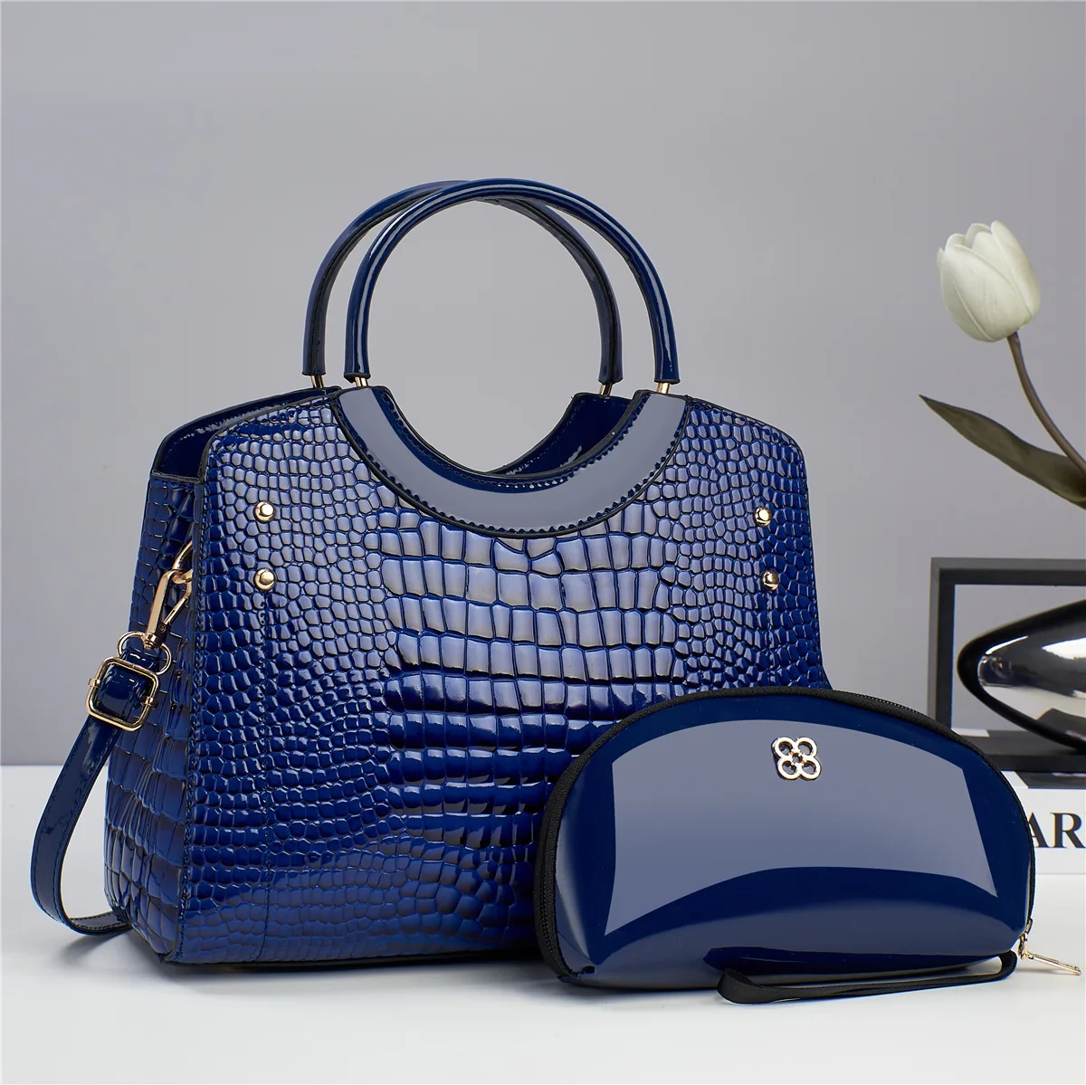 2024 New Design Hot Selling Woman Stone Pattern Woman Handbags Shiny Woman Bag European Style Ladies Bags with Wallet