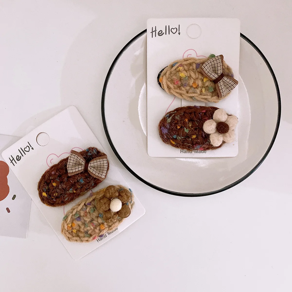 HC538D Trendy Vintage Design French Crochet Hair Clips Autumn Brown Sweet Bow Knot Wool Metal 2-piece Packed Hairgrips For Women