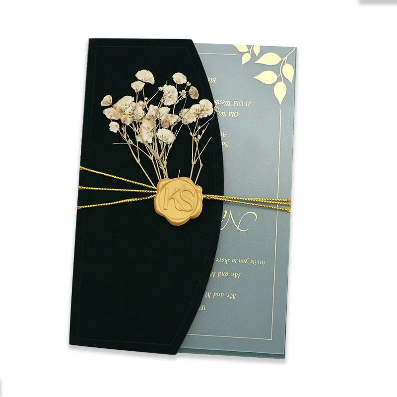 Luxury Elegant black acrylic wedding invitation cards quinceanera glass wedding invitations with sealing wax dry flower