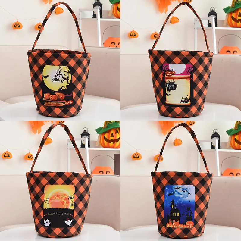 Customized Halloween Gingham Basket Pumpkin Orange Printed Coffin Pattern Halloween Basket Wholesaler