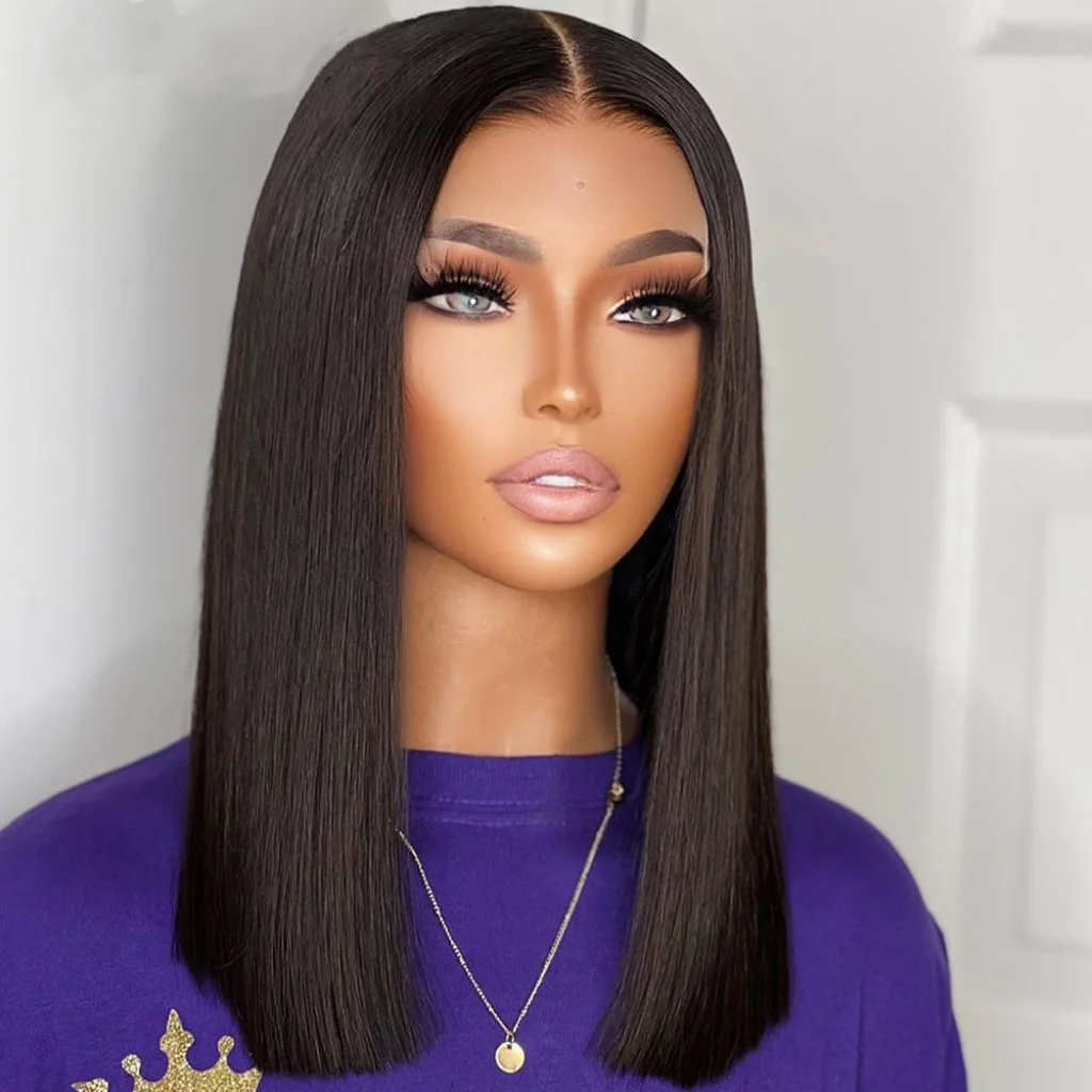 Natural Black Double Drawn Short Bob Wig 100% Chinese Hair 8-18 Inch Straight Lace Frontal Wig For Black Women