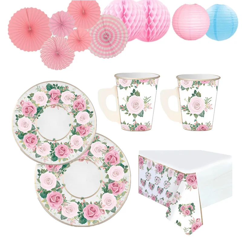 Новый дизайн, розовый цветок, украшение для детской вечеринки, набор посуды
