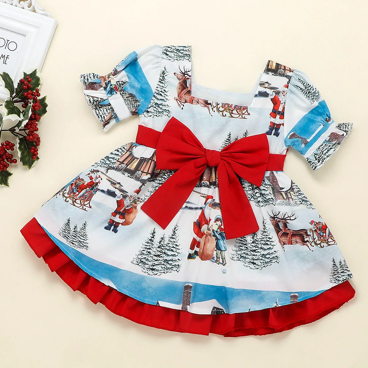 2023 New Baby Infant Girl Floral Bow tie Christmas Short Sleeve Dress 1-5 Years