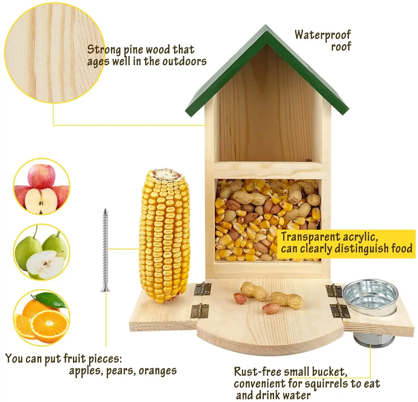 Multi-functional Solid Structure Wooden Squirrel Feeder Box / Feeding House with Cup
