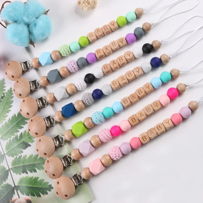 Factory Direct Sale BPA Free Baby Silicone Wooden Bead Dummy Pacifier Chain Pacifier Clips Chain