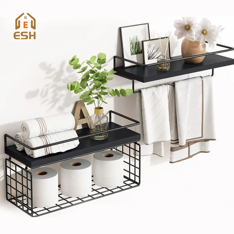 Hot Sale Hanging Storage Metal and Wood Wall Mounted Floating Wall Shelf