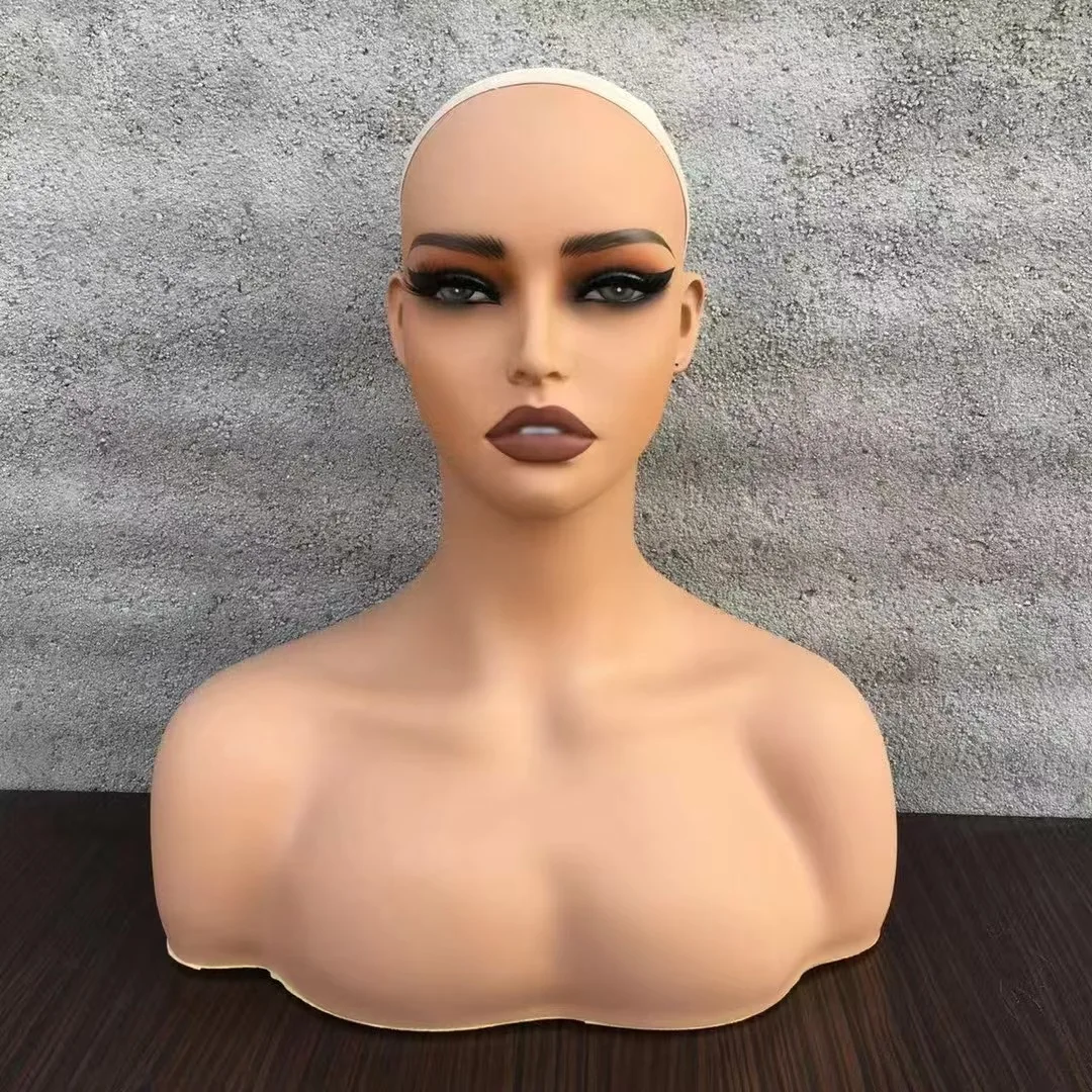 Hot Selling Realistic Wig Head PVC Mannequins Female Pierceable Mannequin Head With Shoulders For Wig Display