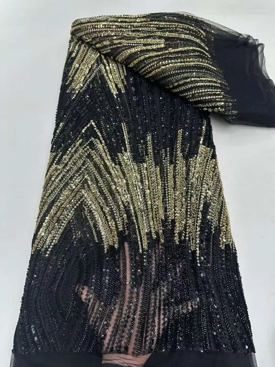 NI.AI Embroidery Bead Net Lace Colorful beaded Sequence Fabric African Tulle Net Lace For Women Wedding Dress Material