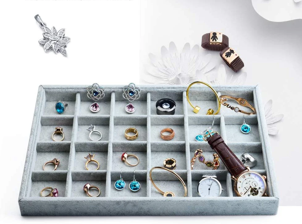24 Grid Grey Stackable jewellery Organiser Box Velvet jewelry display trays