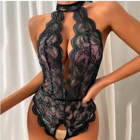 Wholesale women sexy sensual v neck lace lingerie bodysuit open file backless see through lace lingerie jumpsuit