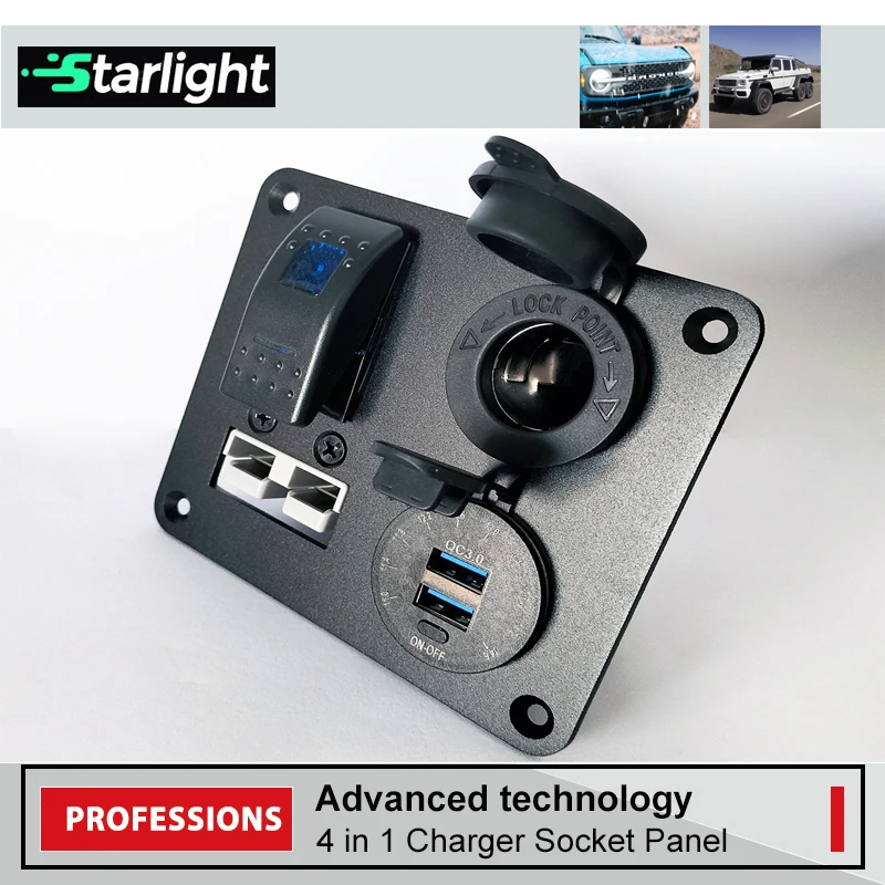 4 in 1 ON/Off Toggle Switch Charger Socket Panel QC 3.0 Dual USB Power Outlet LED Voltmeter Cigarette Lighter Plug for Car RV