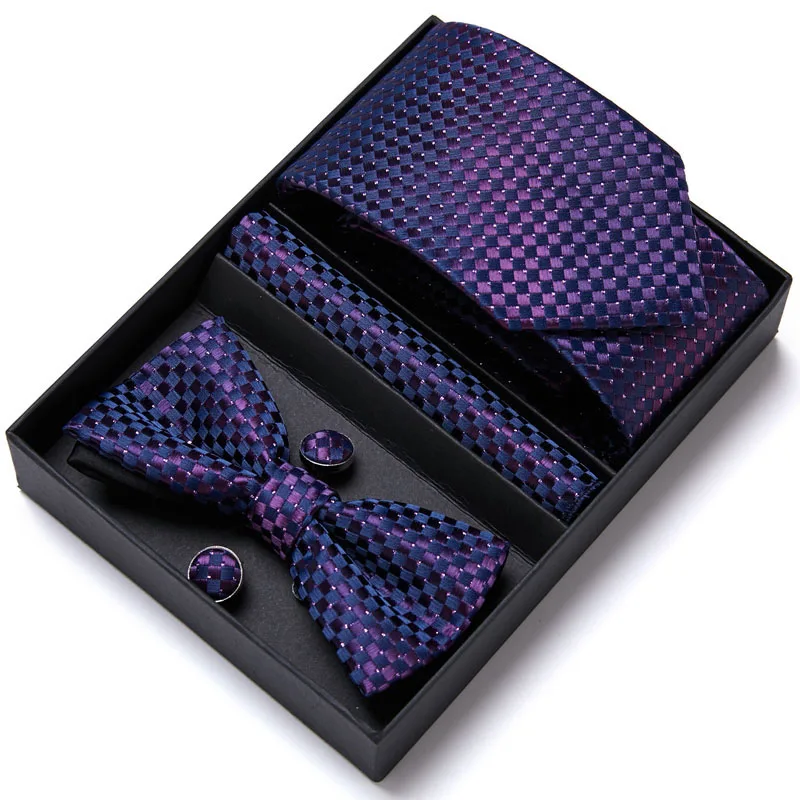 Mens Luxury Paisley Blue Silk Tie Pocket Squre Cufflinks Bowtie Set in Gift Box For Men Gift