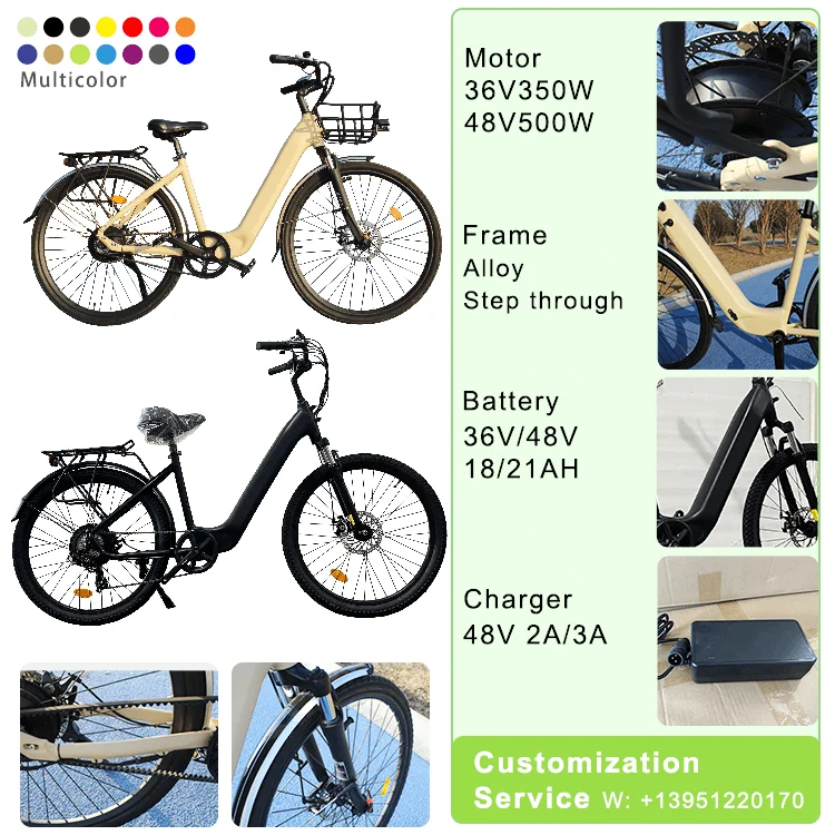 26 Inch 500W 15Ah 10 Ah 7 Speed Adult Belt Drive City E-Bike Lady Cycling Electric City Bike For Women