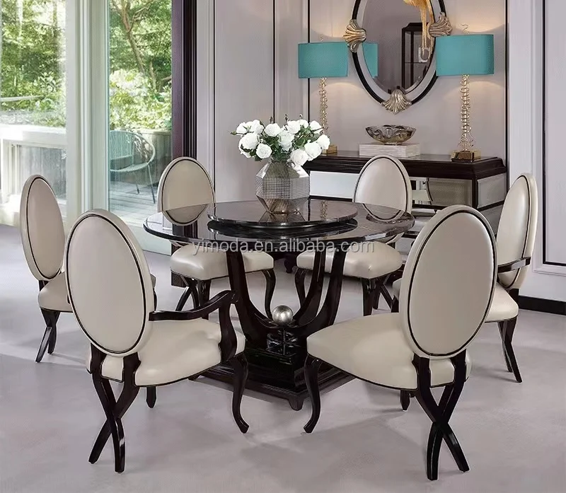 European Antique 8 Seat highback dining chairs Wooden Rotating Rectangle Dining Room Table And Chair Dining Sets