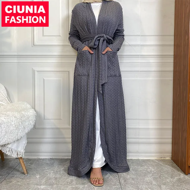 1952# New Fashion 2023 Elegant Pure Color Strip Covered Pocket Muslim Islamic National Female Abaya For Women Dubai Fashion Robe