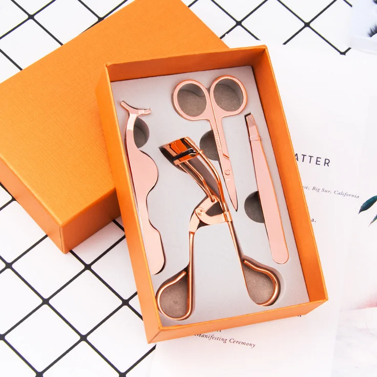 New arrival wholesale four colors stainless lashes tool eyelash curler rose gold eyelash tweezer set applicator
