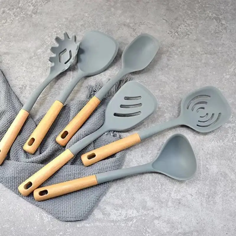 Hot Sale 6 Piece Cooking Tools Silicone Kitchen Utensils  Kitchen Utensils Set with Wooden Handles Cooking Tools set