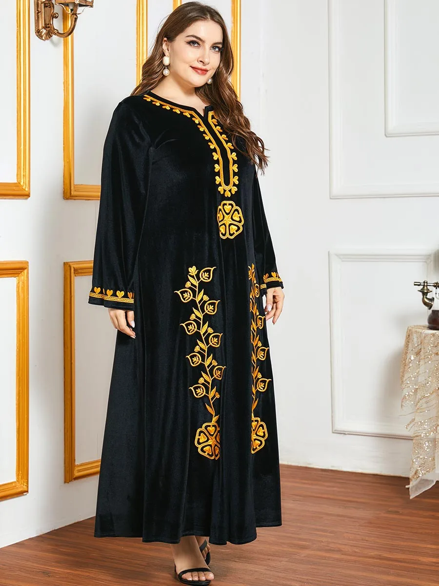 High Quality Abaya Flower Velvet Gold Thread Embroidery Muslim Dress Autumn Winter Abaya Dubai Black