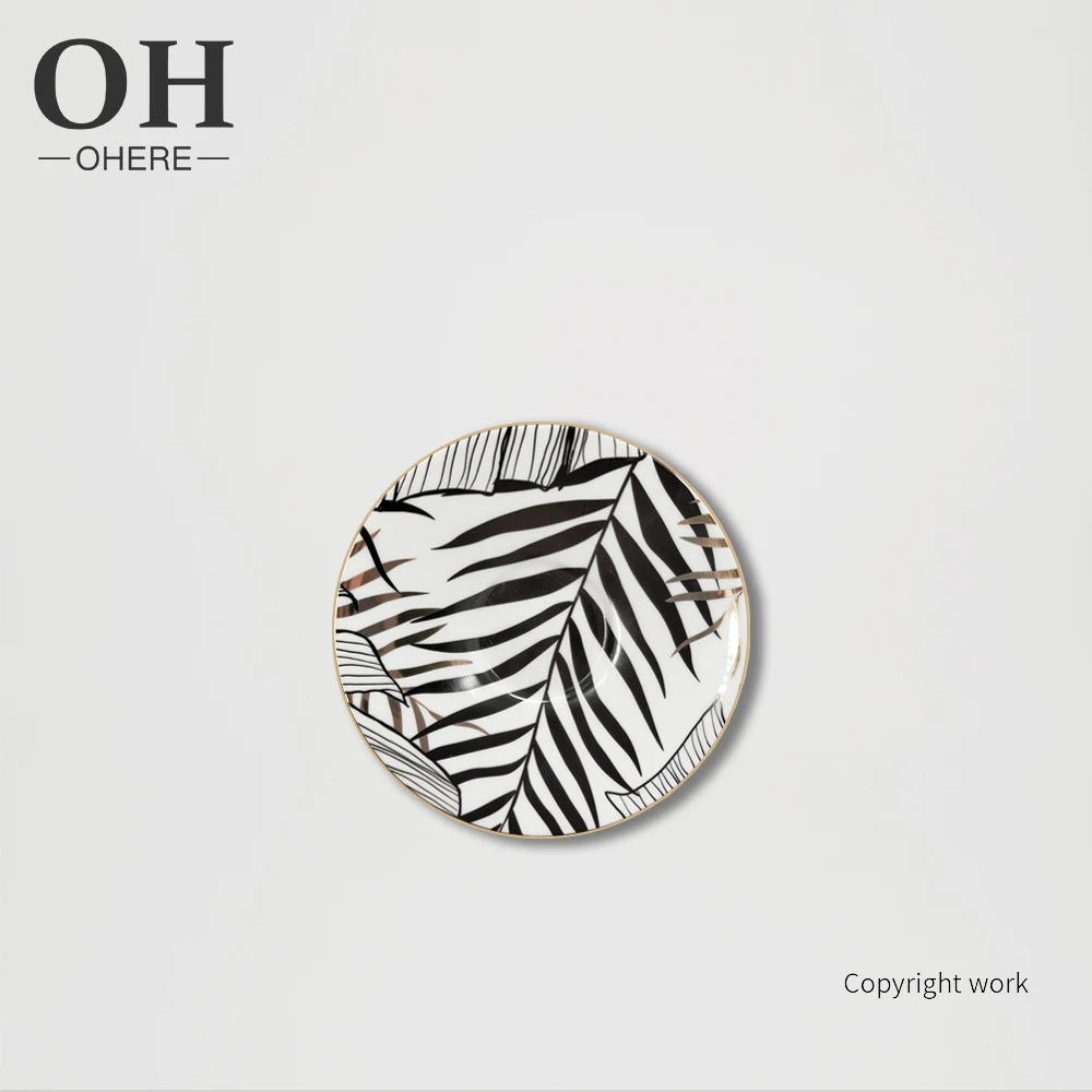 2022 New high-end luxury  charger plate coffee cup and saucer sets black and gold leaves for wedding dinnerware sets