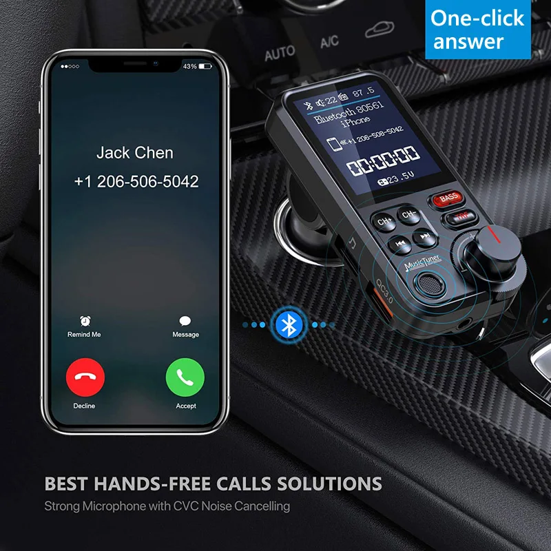 Large Color Screen Handsfree Car Kit QC3.0 Fast Charging Bass  Music Aux Audio Receiver 3.5Mm FM Transmitter Bass Car Mp3 Player