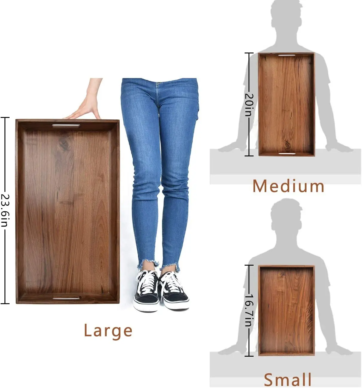 large rectangle walnut wooden serving tray with handle