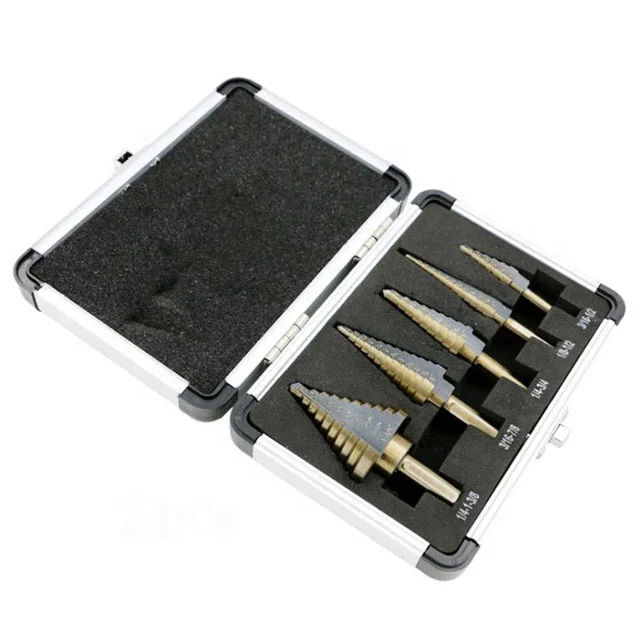 High Quality 5PCS HSS Multiple Hole Inch Size Step Drill Bit Set with Aluminium Case
