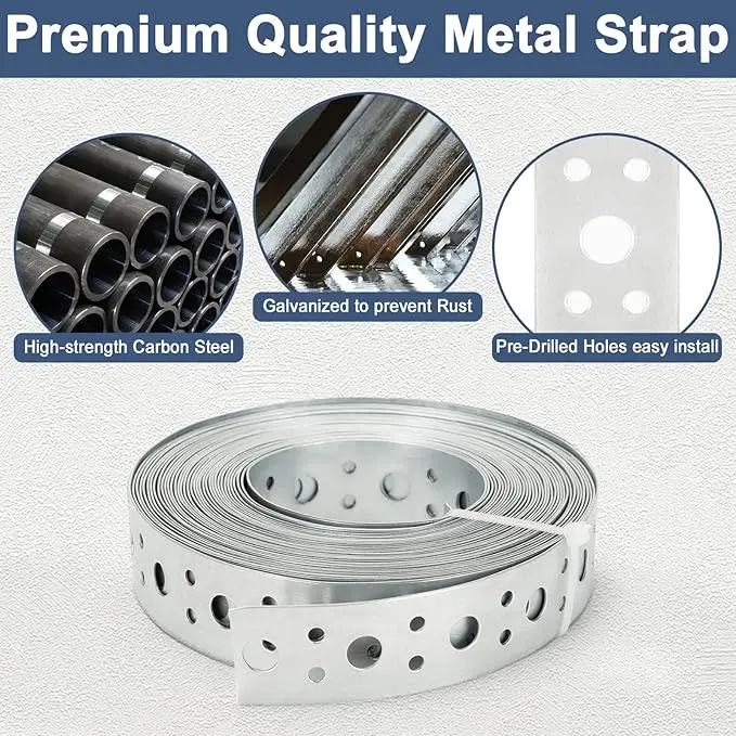60lb Galvanized Steel Pipe Strap Perforated Metal Hanger Tension Clips Bendable Metal Strip Holes Pipe Supports Hanging Trimming