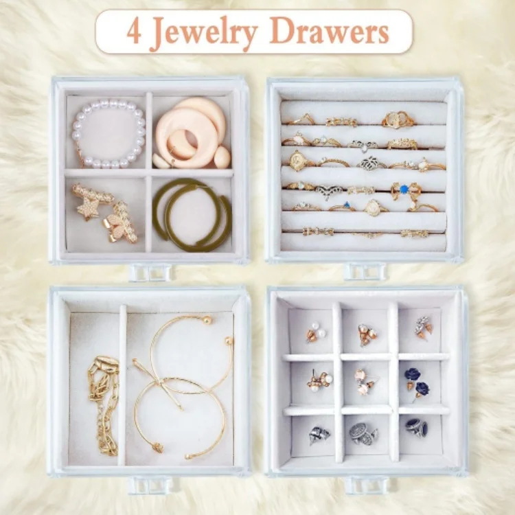 Clear Earring Holder Jewelry Hanging Boxes with 4 Velvet Drawers for Earrings Ring Necklace Bracelet Display Case Gift for Women