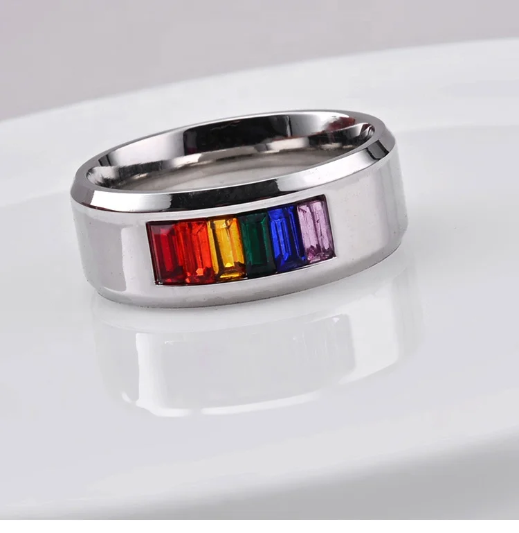 Hot Selling Stainless Steel LGBT Gay Pride Rainbow Stones Ring Gold Plated Lovers Couple Ring
