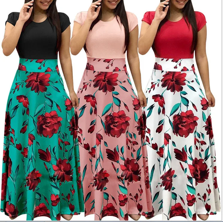 
Stitching long printed skirt plus size casual dresses women 