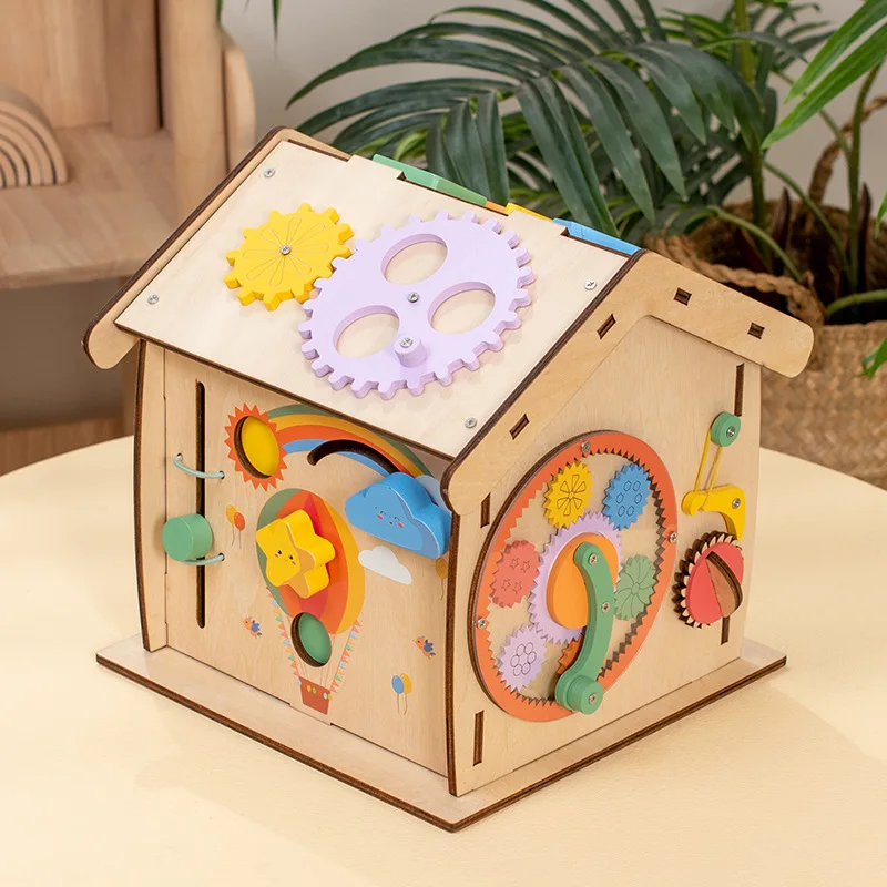 Kids Montessori Busy House Wooden Busy Board Toy for Toddlers Sensory House Activity Cube Toys Intelligence Unlock Box
