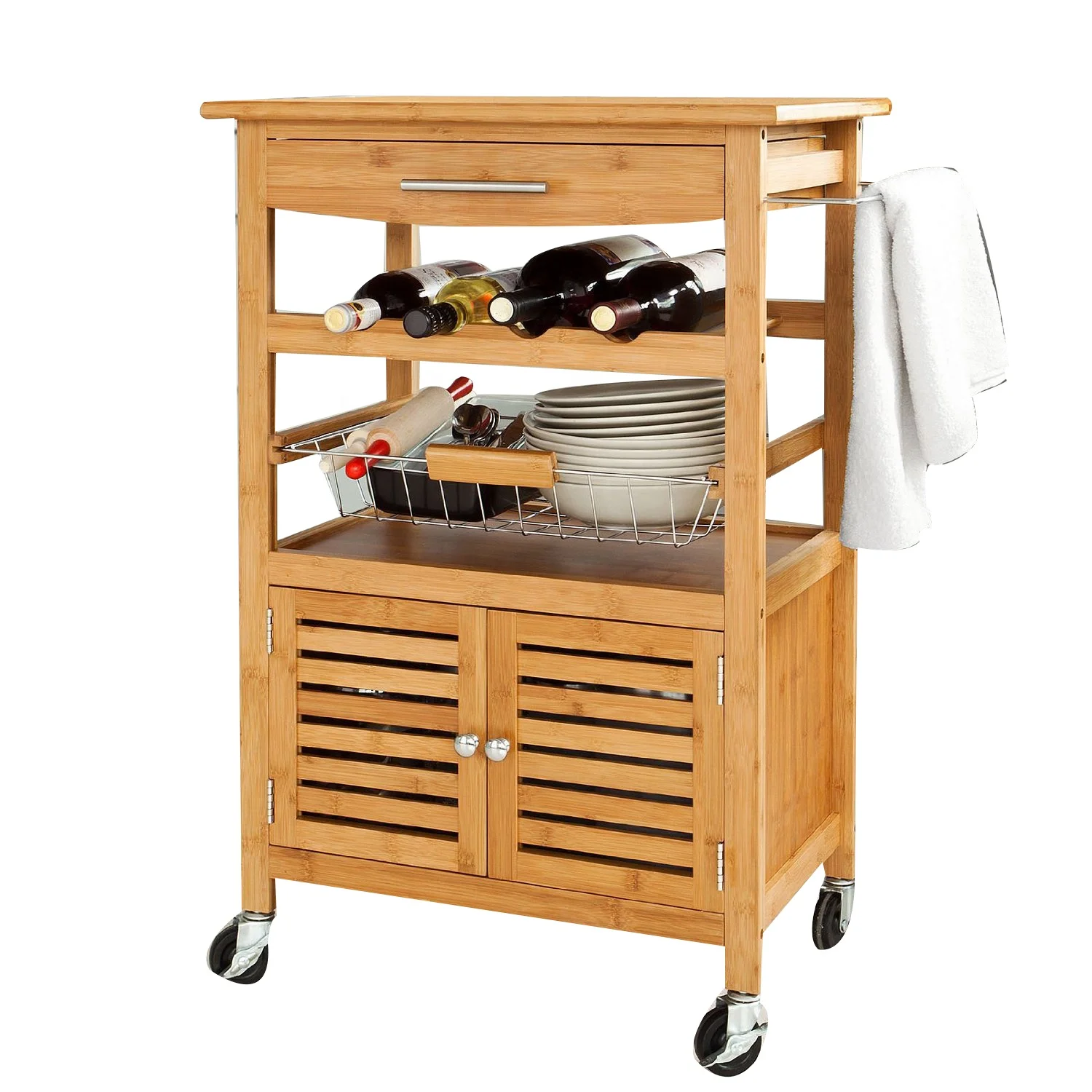 Modern Rustic Bamboo Kitchen Dining Cart Trolley with Sliding Drawer, Bottom Shelf and Metal Wire Baskets