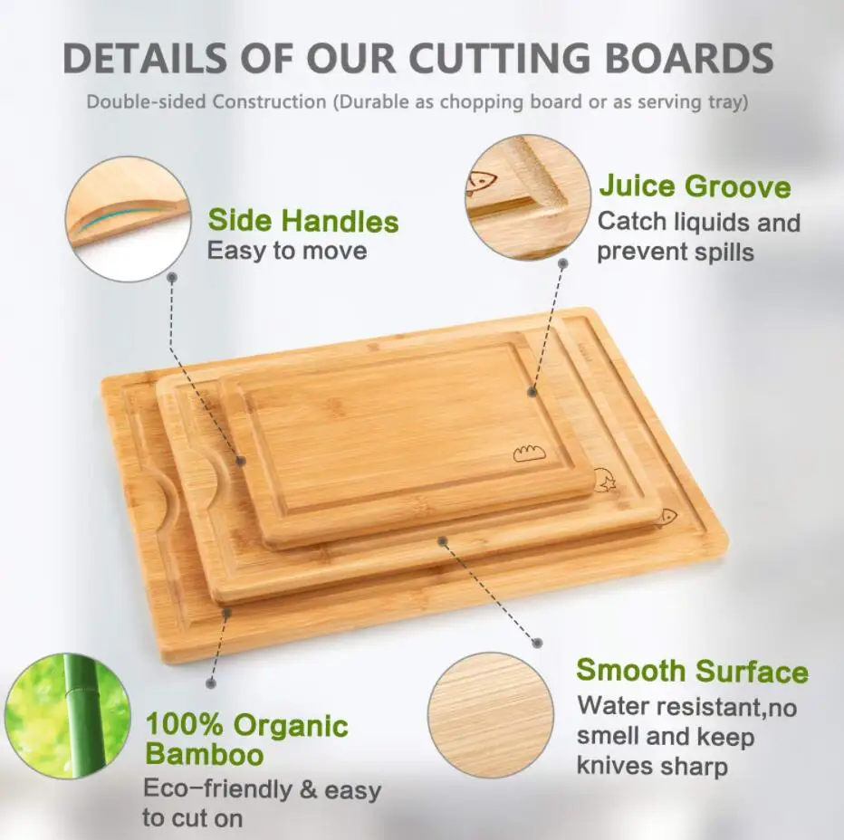 With Juice Tray Groove and Utensils Set Food Grade Wood Cutting Board for Gift Size Bamboo Customized Chopping Blocks Kitchen