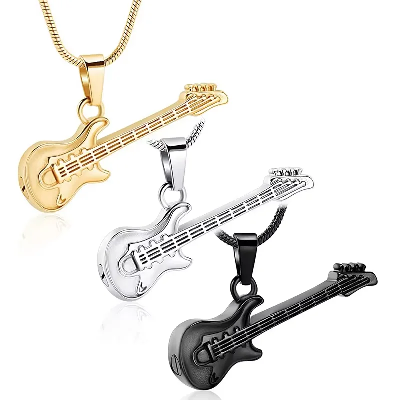 Stainless Steel Memorial Pendant Jewelry Musical Instrument Cremation Keepsake for Women Men Guitar Urn Necklace for Human Ashes