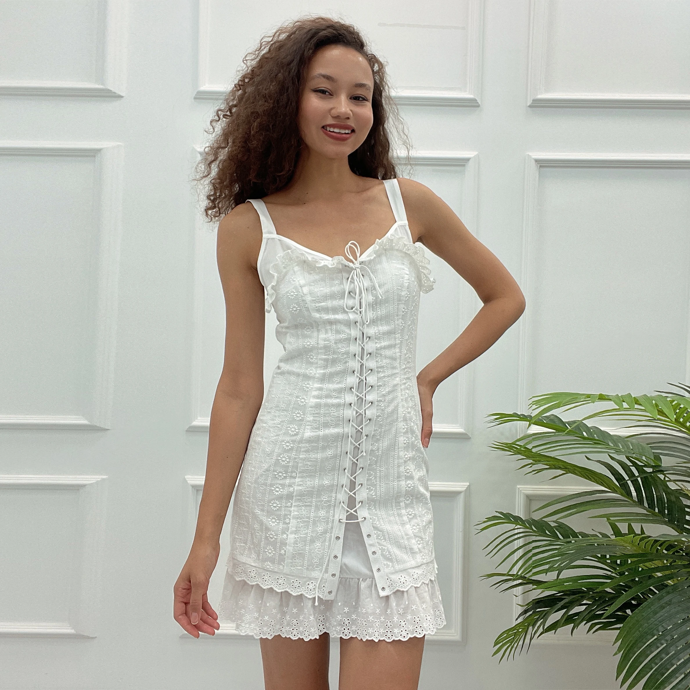 One piece spring summer Sling lady print eyehole frock women sleeveless mini elegant cotton chiffon casual dress