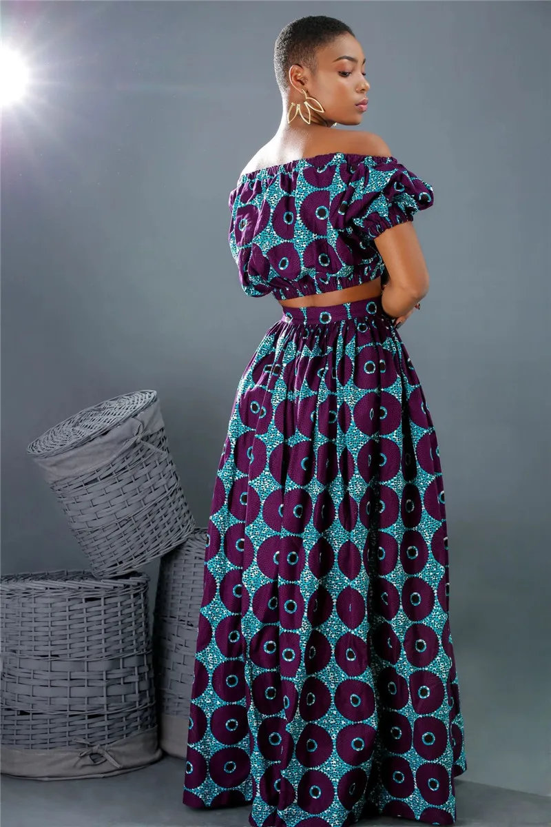 African Dashiki Womens 2 Piece Outfit Off Shoulder Crop Tops  Loose Wide Leg Pants Two Piece Set Women Clothing Sexy Summer